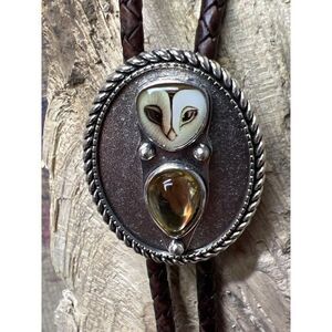 3D Amber Nature OWL Cameo Silver Lariat Black Bolo Tie Wedding Father's Day Dad